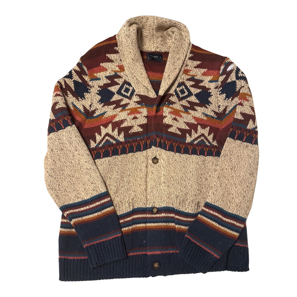 Lucky Brand Mens XL Southwestern Shawl Collar Cardigan Sweater Aztec Knit Multi